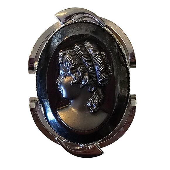 Vintage Black Intaglio Cameo Brooch with Silver Detail - Picture 1 of 6